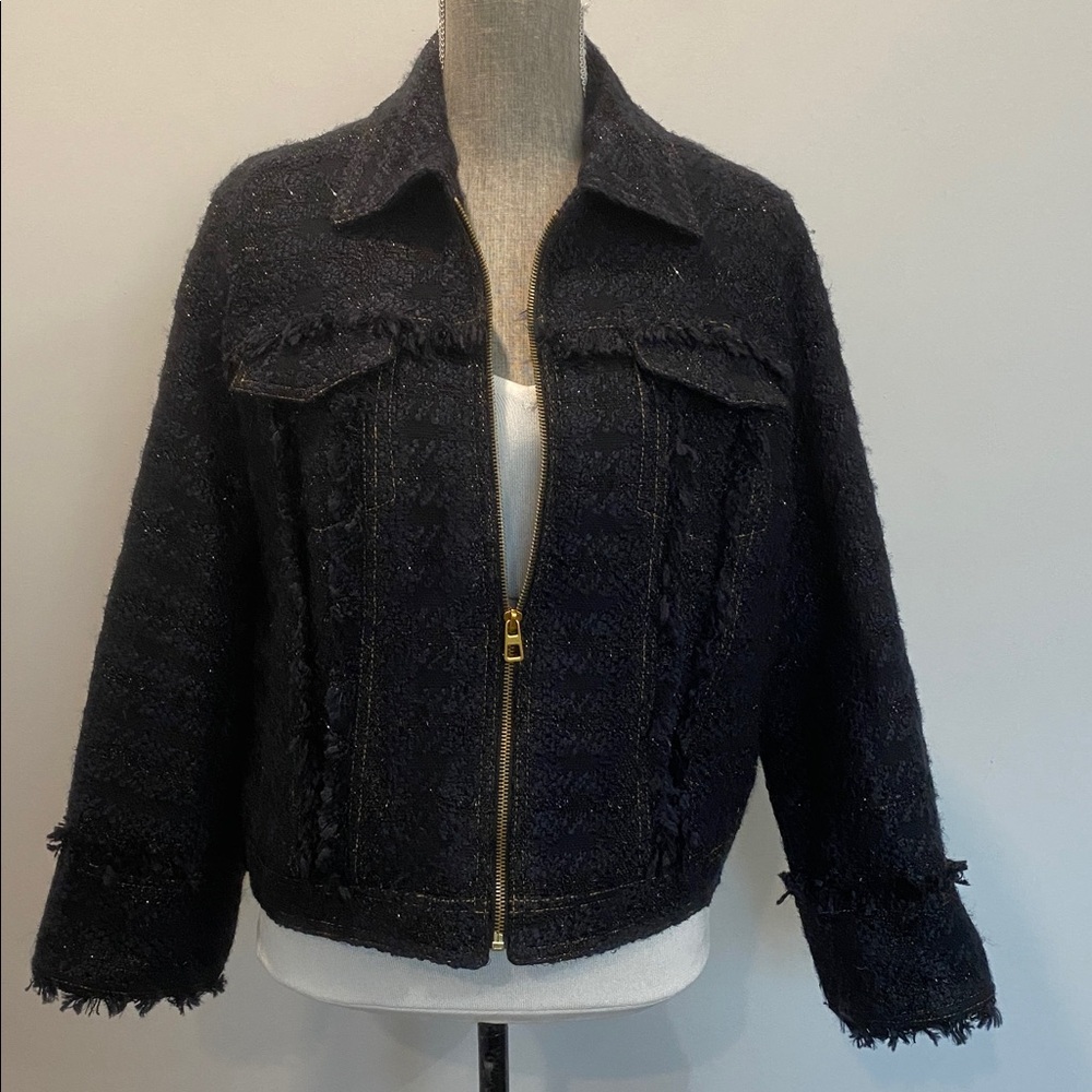 Tory Burch Black Bouclé Tweed Blazer Zip Lady Like Size 12 Fringe Detail Jacket - Picture 4 of 15